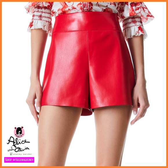 Alice + Olivia Pants - Alice + Olivia Donald Red Vegan Leather Wide Waistband Shorts